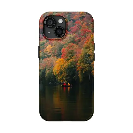Canoe On Autumn Lake Red Foliage Forest