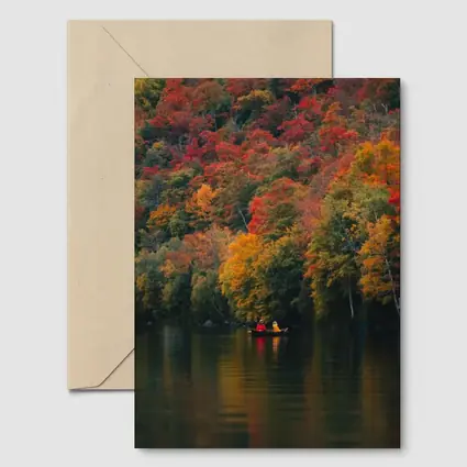 Canoe On Autumn Lake Red Foliage Forest