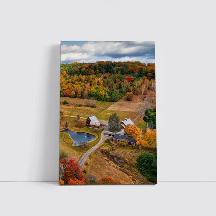 Aerial Vermont Farm Autumn Foliage Countryside