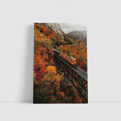 Yellow Train On Trestle Bridge Autumn Mountains
