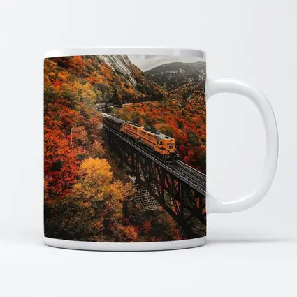 Yellow Train On Trestle Bridge Autumn Mountains