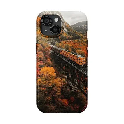 Yellow Train On Trestle Bridge Autumn Mountains