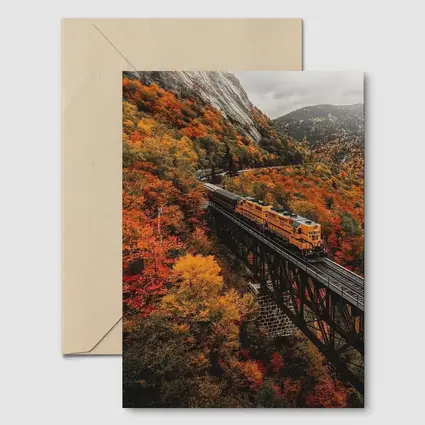 Yellow Train On Trestle Bridge Autumn Mountains