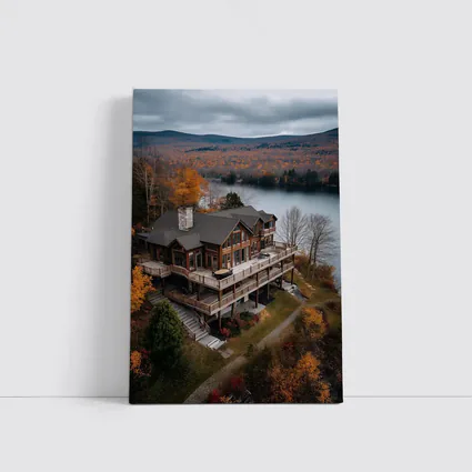 Luxury Lake House Autumn Forest Aerial View