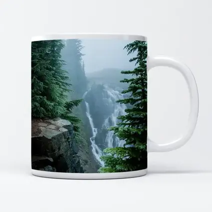 Misty Waterfall Through Foggy Pine Forest