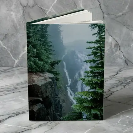 Misty Waterfall Through Foggy Pine Forest