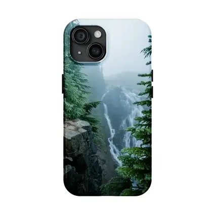 Misty Waterfall Through Foggy Pine Forest