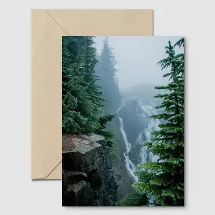 Misty Waterfall Through Foggy Pine Forest