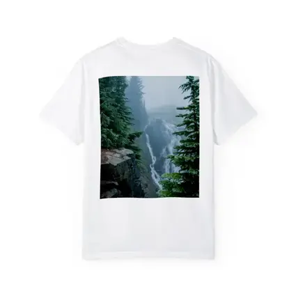 Misty Waterfall Through Foggy Pine Forest