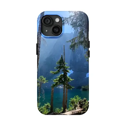 Alpine Lake Through Pine Trees Mountain