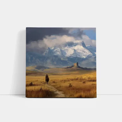 Lone Cowboy Riding Toward Snow Capped Mountains