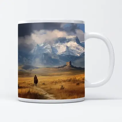 Lone Cowboy Riding Toward Snow Capped Mountains