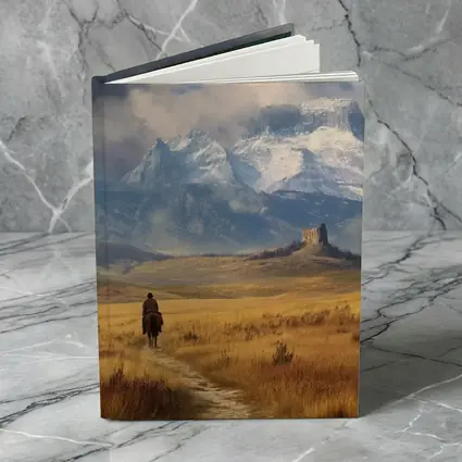 Lone Cowboy Riding Toward Snow Capped Mountains