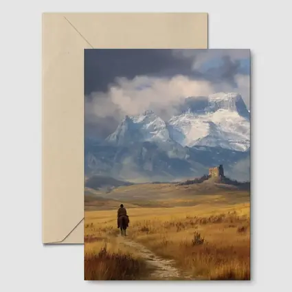 Lone Cowboy Riding Toward Snow Capped Mountains