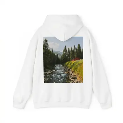 Mountain Stream Red Barn Pine Forest