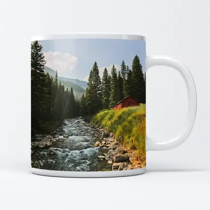 Mountain Stream Red Barn Pine Forest