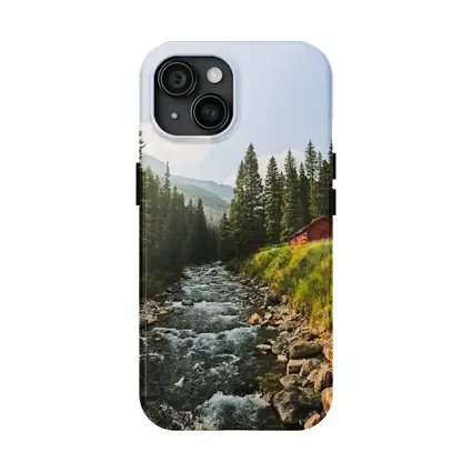 Mountain Stream Red Barn Pine Forest