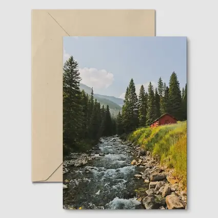 Mountain Stream Red Barn Pine Forest