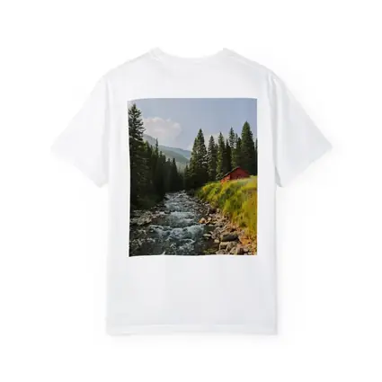 Mountain Stream Red Barn Pine Forest