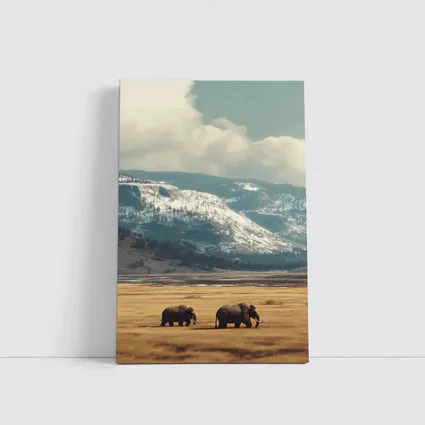Two Elephants Walking Snowy Mountain Plains