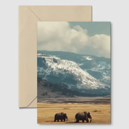 Two Elephants Walking Snowy Mountain Plains