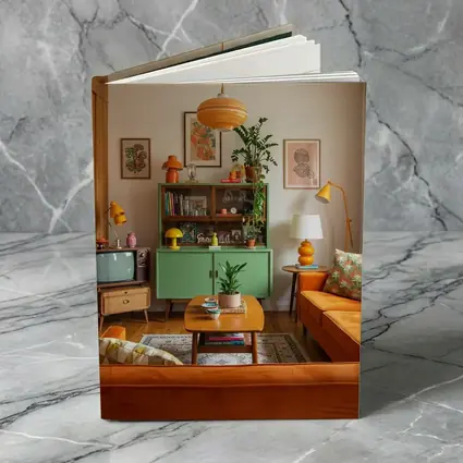 Retro Living Room Green Cabinet Orange Sofa