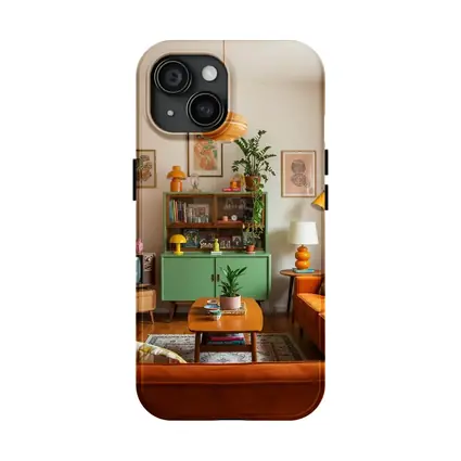 Retro Living Room Green Cabinet Orange Sofa