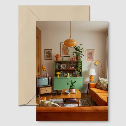 Retro Living Room Green Cabinet Orange Sofa