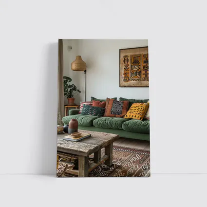 Boho Living Room Green Sofa Tribal Art