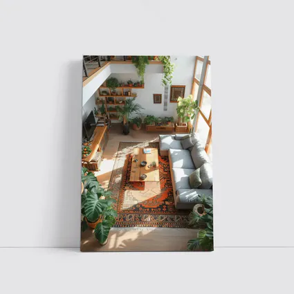Boho Living Room With Plants Aerial View