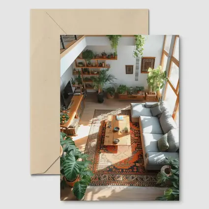 Boho Living Room With Plants Aerial View