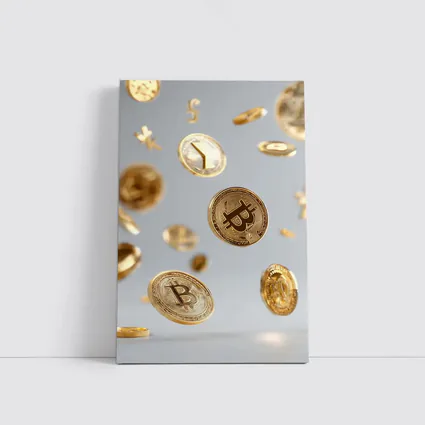 Gold Bitcoin Coins Falling White Background