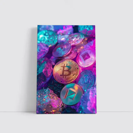 Bitcoin Ethereum Crypto Coins Neon Rocks