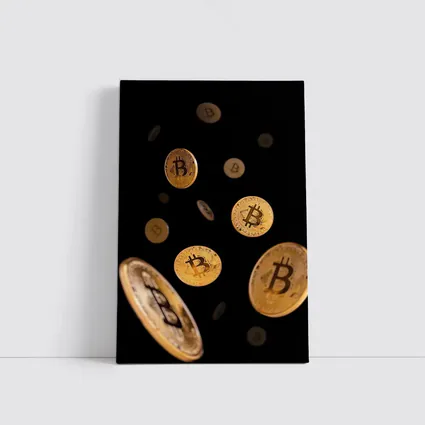 Gold Bitcoin Coins Falling Black Background