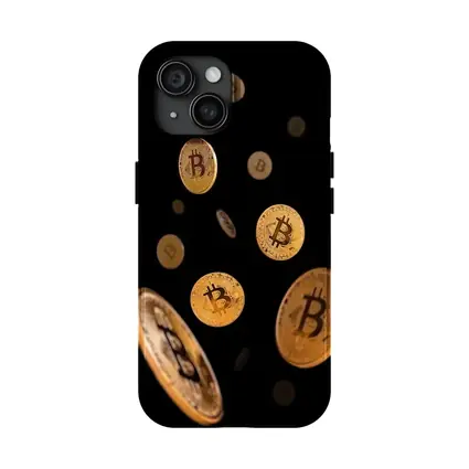 Gold Bitcoin Coins Falling Black Background