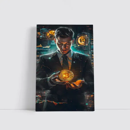 Businessman Holding Glowing Bitcoin Crypto City