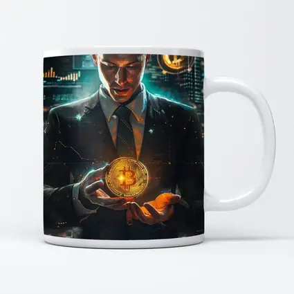 Businessman Holding Glowing Bitcoin Crypto City