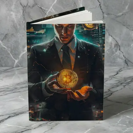 Businessman Holding Glowing Bitcoin Crypto City