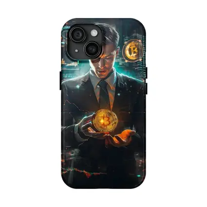 Businessman Holding Glowing Bitcoin Crypto City