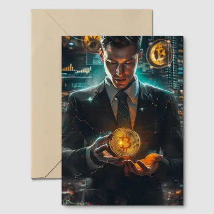 Businessman Holding Glowing Bitcoin Crypto City
