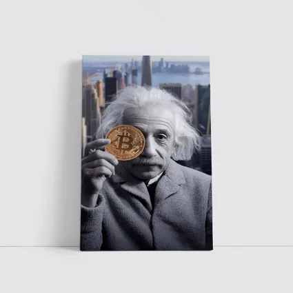 Einstein Holding Bitcoin Coin City Background