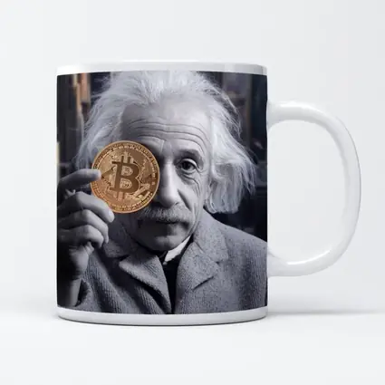 Einstein Holding Bitcoin Coin City Background