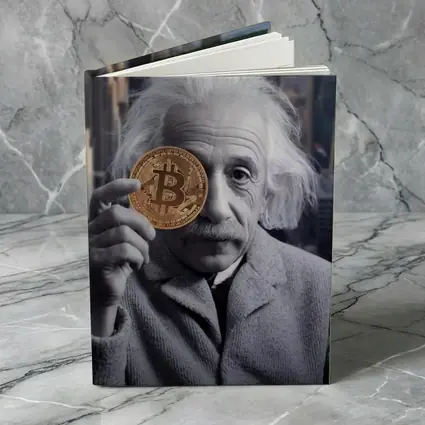 Einstein Holding Bitcoin Coin City Background