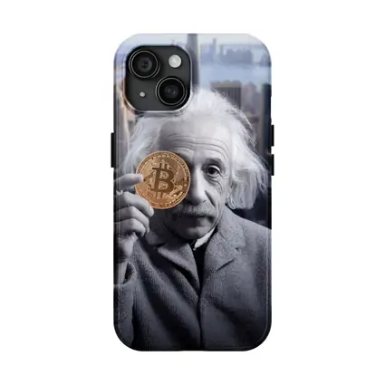 Einstein Holding Bitcoin Coin City Background