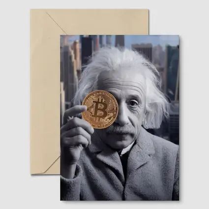 Einstein Holding Bitcoin Coin City Background