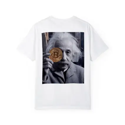 Einstein Holding Bitcoin Coin City Background