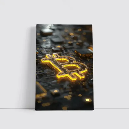 Gold Bitcoin Symbol On Dark Circuit Board