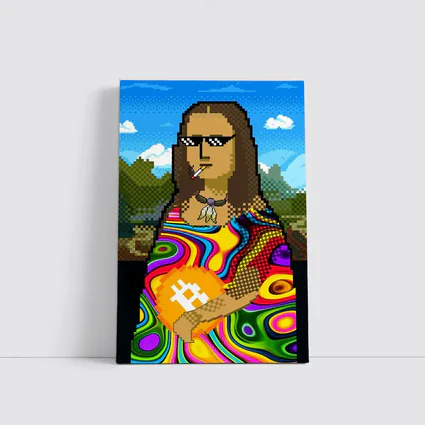 Pixel Mona Lisa Holding Bitcoin Psychedelic