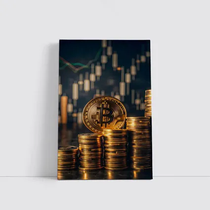Bitcoin Gold Coins Candlestick Chart Dark Background