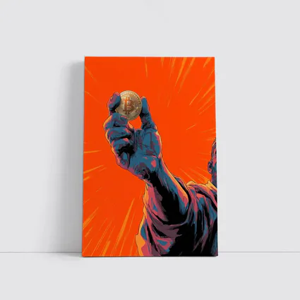 Bitcoin Coin Hand Comic Art Orange Background